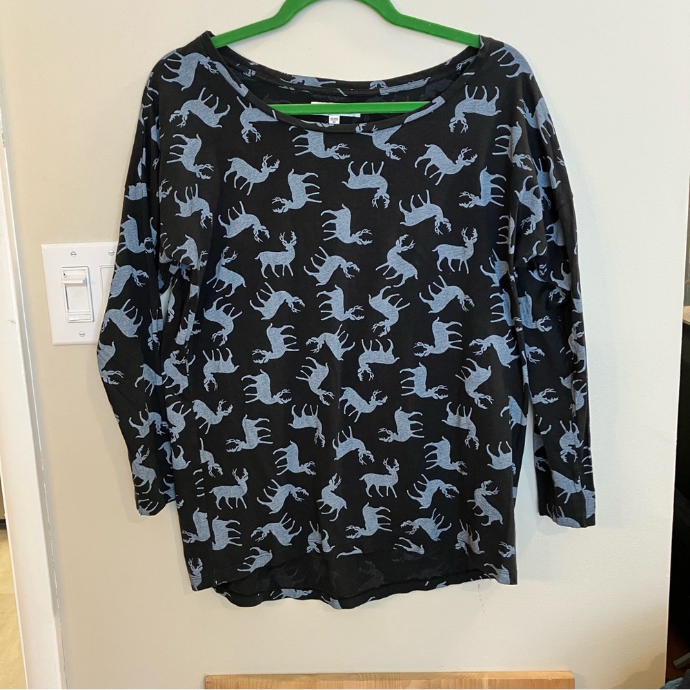Black and Blue Reindeer Print Long Sleeve Top whimsical soft